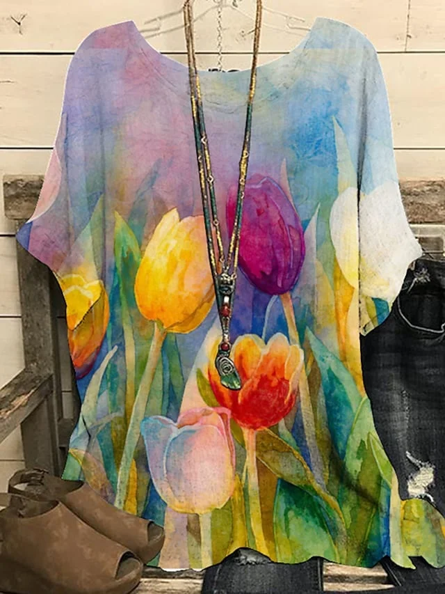 Женская Винтажная футболка с коротким рукавом, круглым вырезом и цветочным принтом
Женская Винтажная футболка с коротким рукавом, круглым вырезом и цветочным принтом