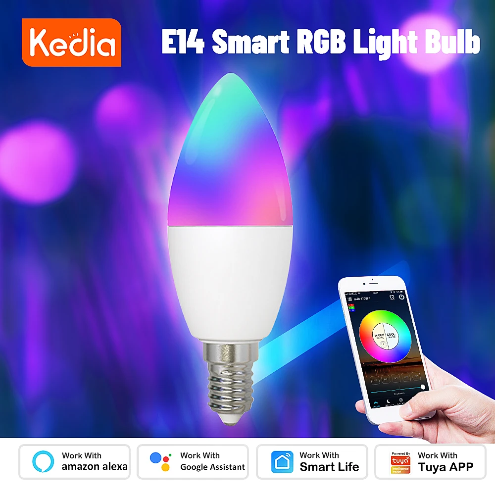 Kedia TUYA Wifi Smart Bulb E14 LED Light Bulb Candle Indoor Neon Light RGBCW Dimmable Smart Lamp Compatible Alexa Google Home
Kedia TUYA Wifi Smart Bulb E14 LED Light Bulb Candle Indoor Neon Light RGBCW Dimmable Smart Lamp Compatible Alexa Google Home