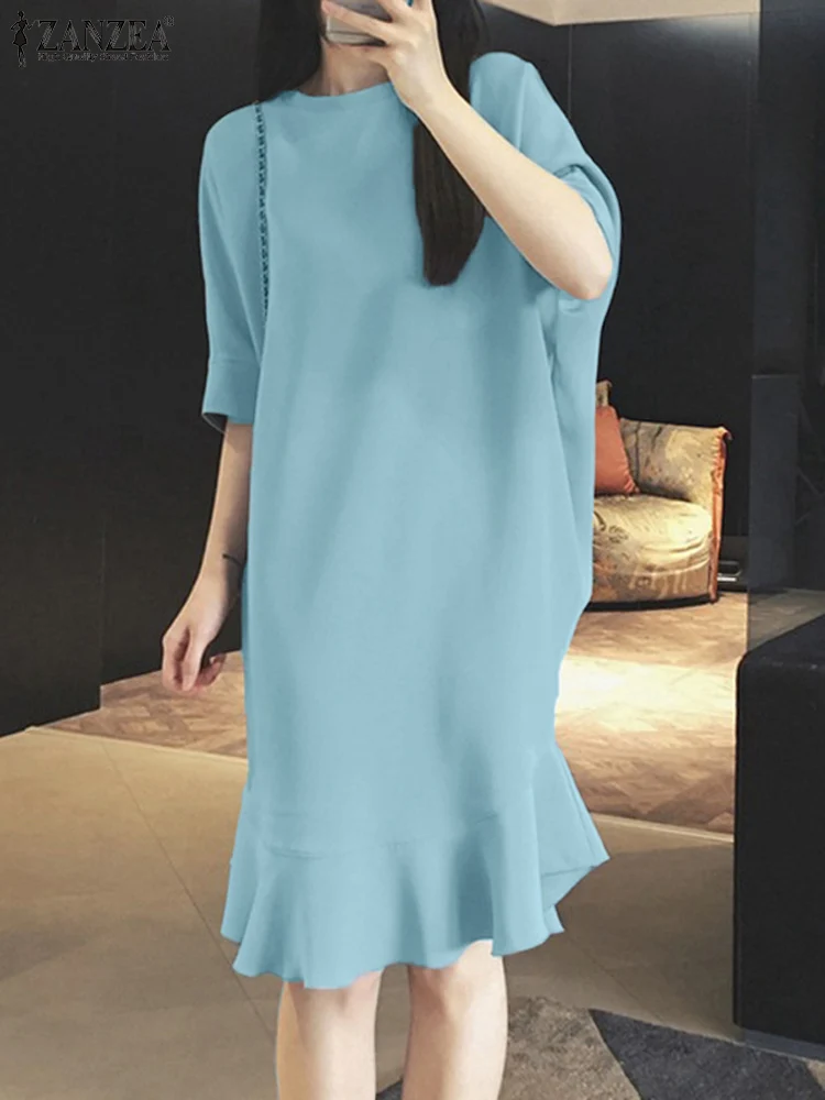 

Women Casual Dresses ZANZEA Korean Fashion Dolman Sleeve Round Neck Loose Vestidos Autumn Solid Ruffles Hem Knee-length Dress