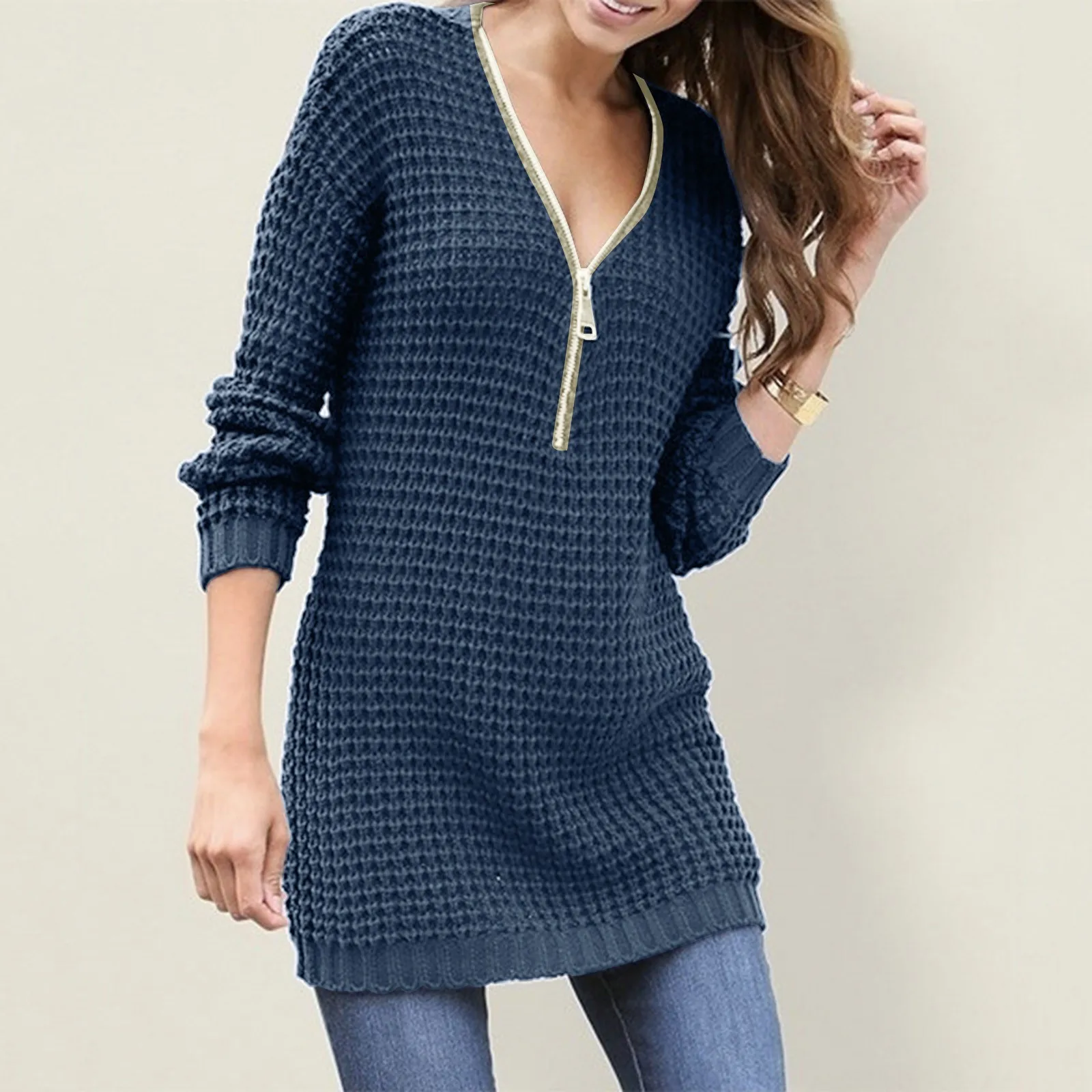 Women Long Sweater V Neck Zipper Dress Warm Autumn Winter Clothes Knitwear Pullover Jumper Fashion Solid Color Mini Dress
Women Long Sweater V Neck Zipper Dress Warm Autumn Winter Clothes Knitwear Pullover Jumper Fashion Solid Color Mini Dress