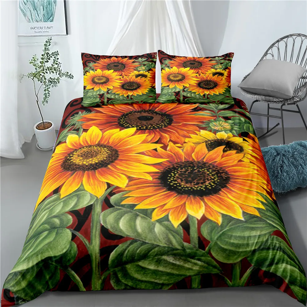 

Bedding Set for Kids Teens Adults Floral 2/3pcs Polyester Quilt Cover Sunflower King Queen Duvet Cover Beautiful Yellow Flowers