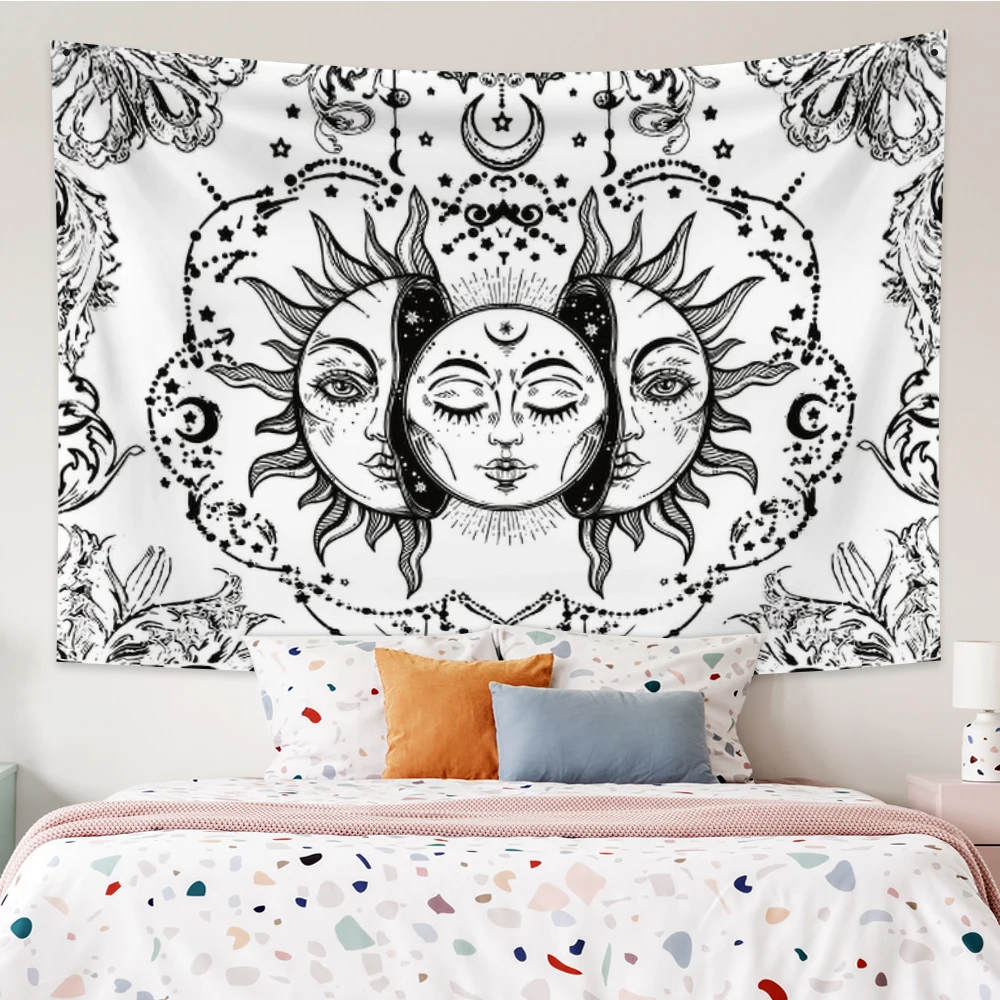 

Mandala White Black Sun Moon Psychedelic Face Tapestry Tarot Hippie Wall Rugs Room Dorm Bedroom Home Decor Wall Hanging Blanket
