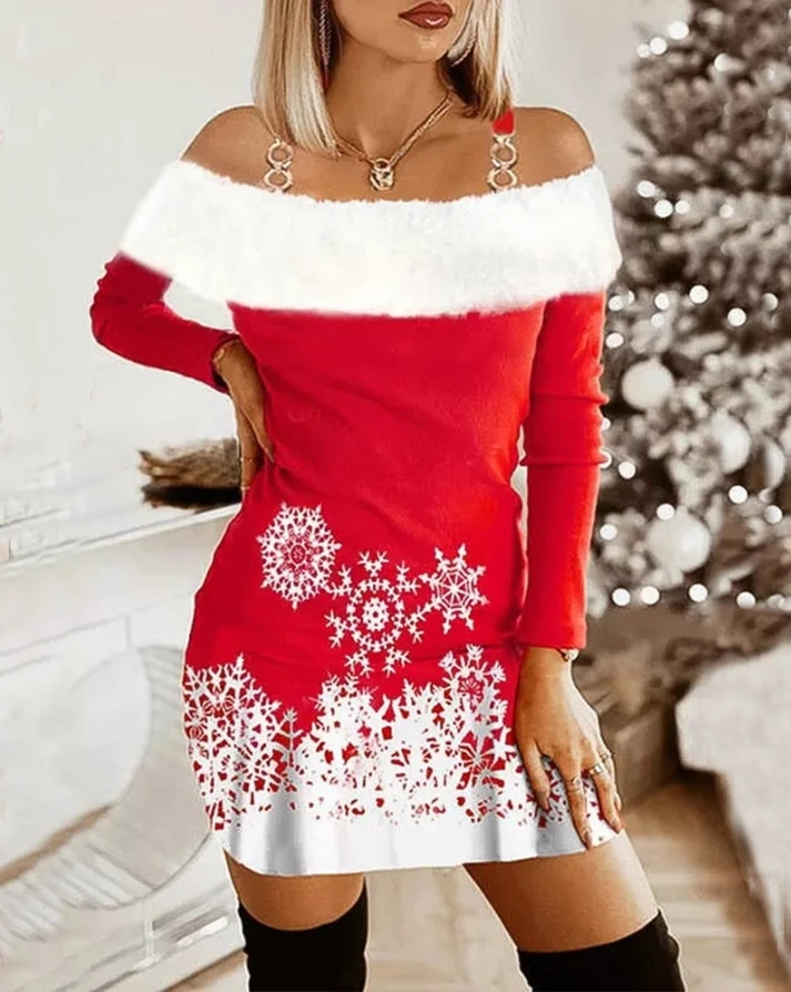

Женское элегантное платье с рождественским принтом в виде снежинок, пушистое платье с открытыми плечами, мини-платья с длинным рукавом