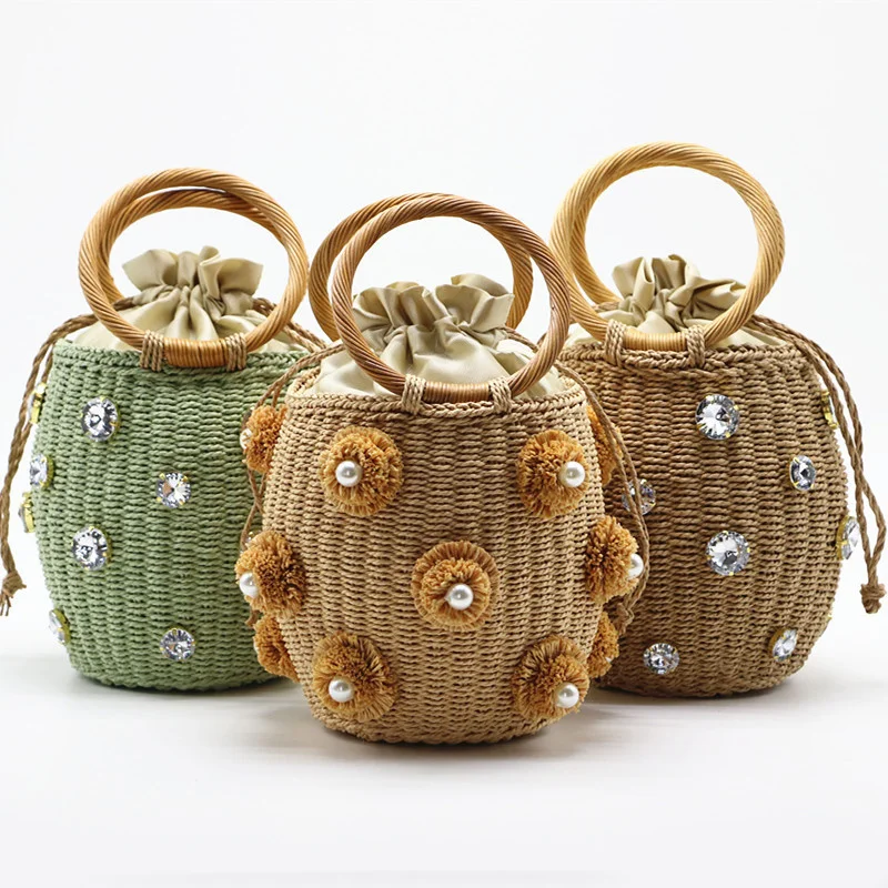 

2021 New Handmade Rhinestone Crystal Embellished Straw Bag Small Bucket Lady Travel Purses and Handbags