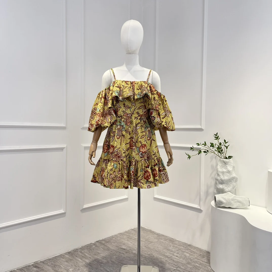 

2023 New Spring Summer Top Quality Yellow Vintage Floral Printing Puff Sleeve Strap Frill Folds Woman Mini Dress