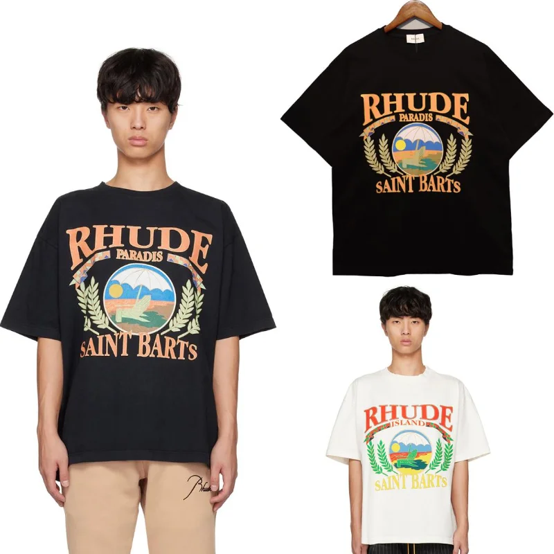 

23SS New Style Sunset Beach Print Rhude T Shirt Men Women EU Size 100% Cotton Rhude Top Tees Fashion Summer Tiny Spark