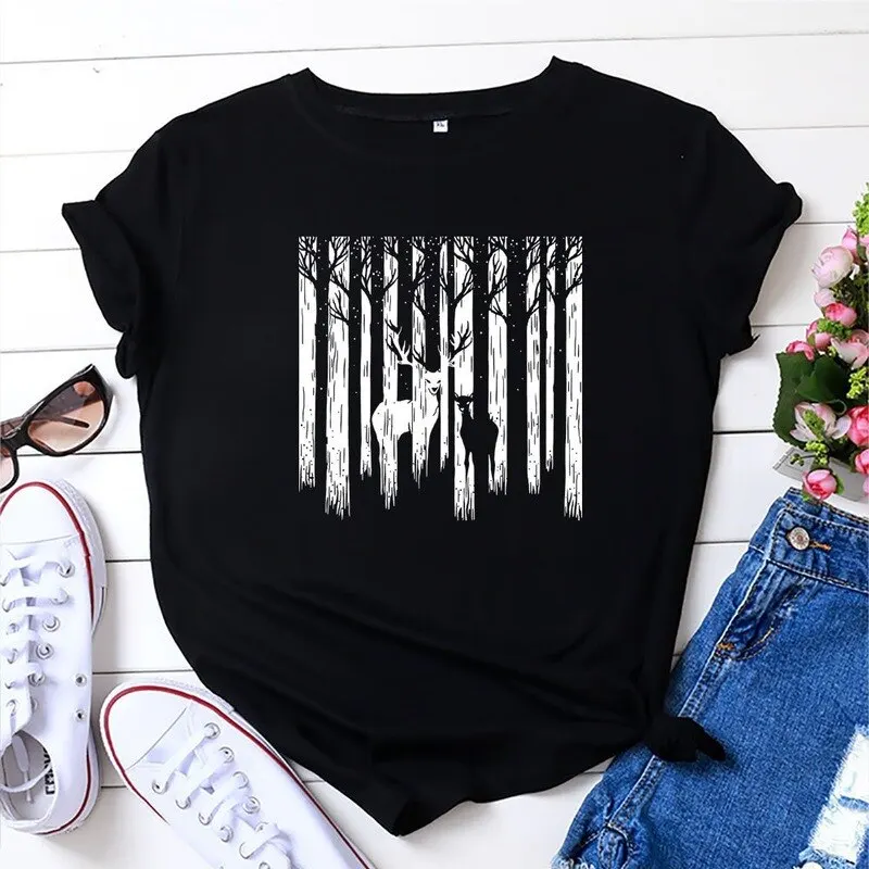 Summer Cotton 100% T Shirt Women Short Sleeve Versatile Forest Deer Print Female Casual Graphic Clothes Ladies Vintage Tees Tops
Summer Cotton 100% T Shirt Women Short Sleeve Versatile Forest Deer Print Female Casual Graphic Clothes Ladies Vintage Tees Tops