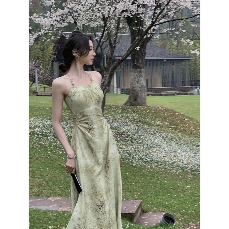 

Light Green Print Maxi Dress 2023 Women's Summer Sexy Openwork Open-waisted Long Skirt Vestidos New Chinese Elegant Midi Dress