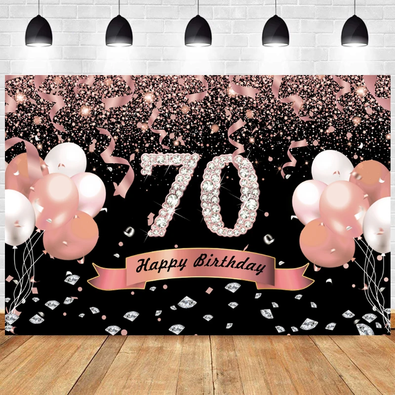 

Rose Gold 70th Photo Backdrop Woman Man Happy Birthday Party Balloon Seventy Years Photograph Background Banner Decoration Prop