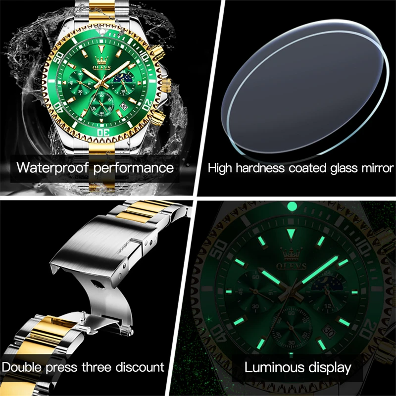 Многофункциональные мужские Кварцевые водонепроницаемые часы OLEVS Green Water Ghost из