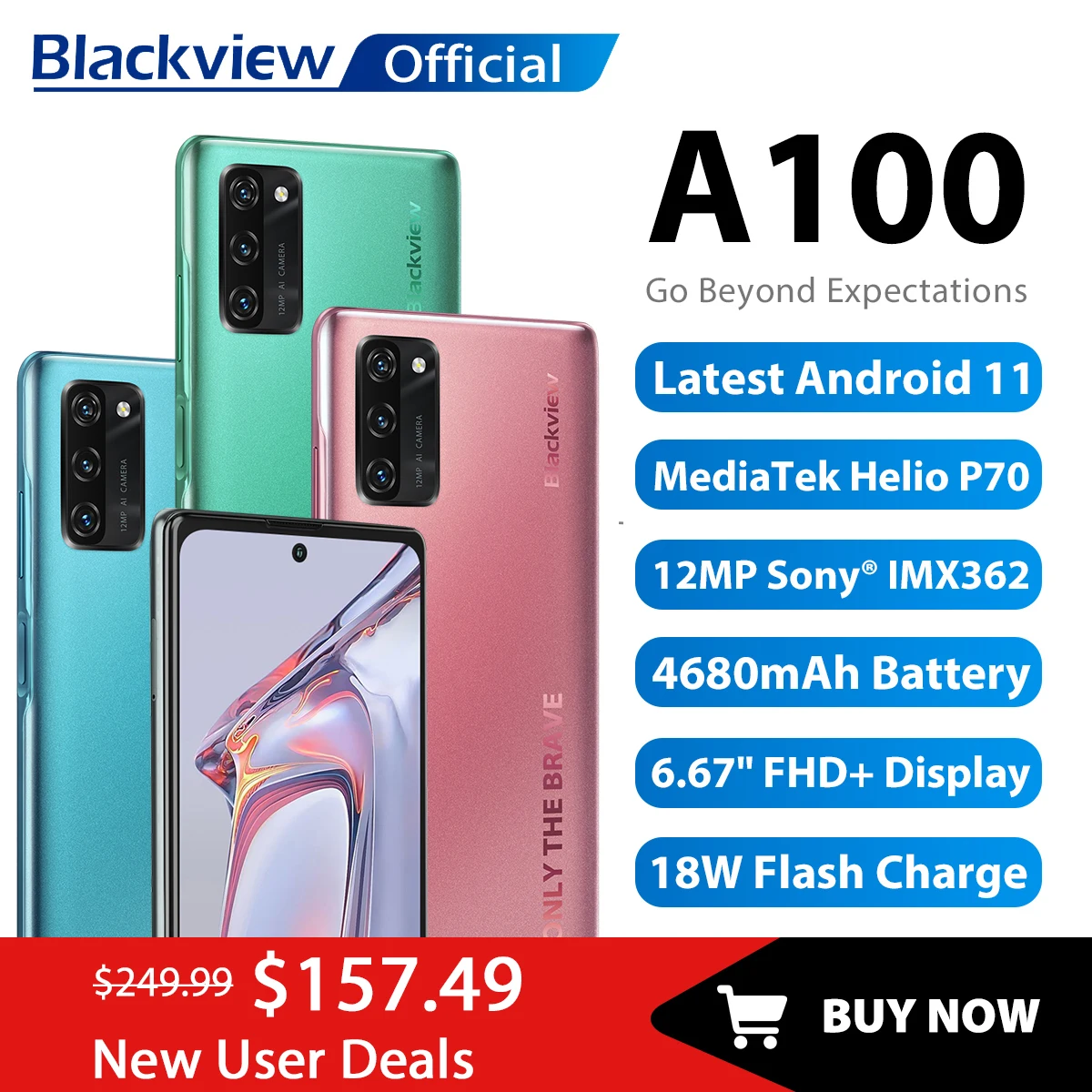 

Blackview A100 Helio P70 Android 11 Smartphone 6GB+128GB 6.67" 4680mAh Cellphone NFC Cellura 4G LTE Mobile Phone 18W Fast Charge