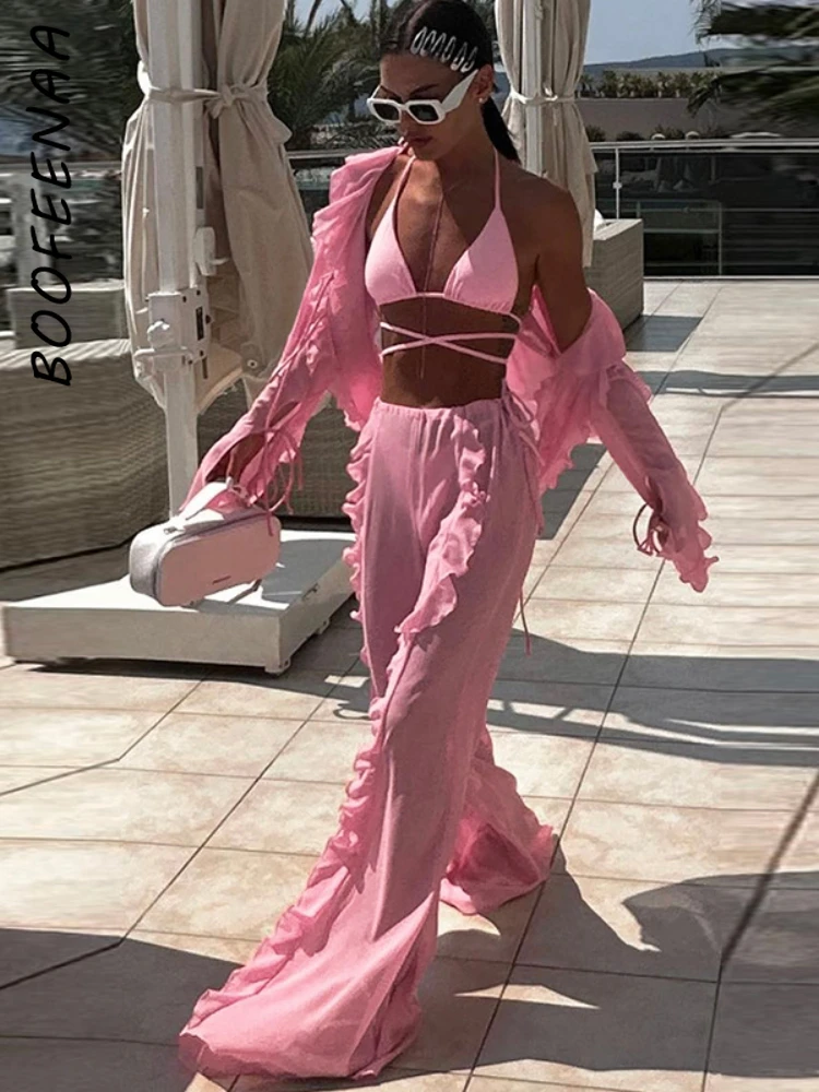 BOOFEENAA 4 Piece Vacation Beach Outfits for Women Pink Mesh Ruffle Long Sleeve Cardigan Wide Leg Pants with Bikini Sets C83GE43
BOOFEENAA 4 Piece Vacation Beach Outfits for Women Pink Mesh Ruffle Long Sleeve Cardigan Wide Leg Pants with Bikini Sets C83GE43
