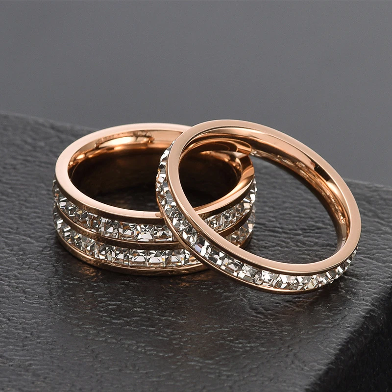 

Роскошное женское кольцо из нержавеющей стали цвета розового золота с двойным рядом и квадратным цирконом, романтичное Ювелирное Украшение