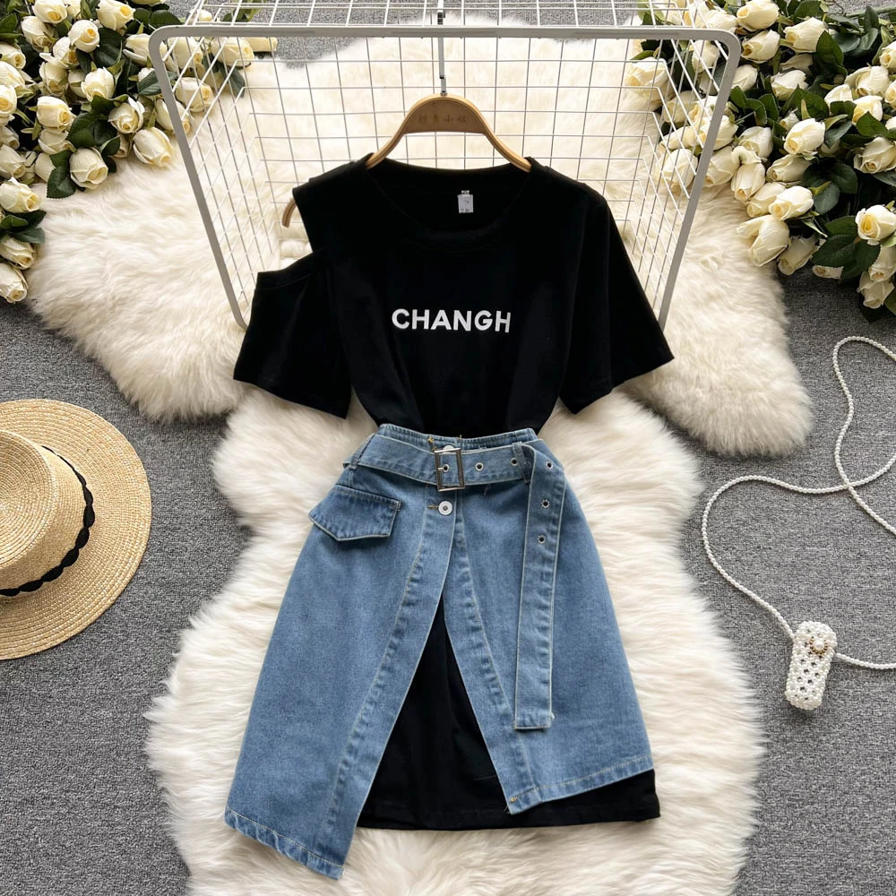 Casual Suit Women's Off-Shoulder Short Sleeve T-Shirt Denim Irregular High Waist Skirt Fashion Two-Piece Set
Casual Suit Women's Off-Shoulder Short Sleeve T-Shirt Denim Irregular High Waist Skirt Fashion Two-Piece Set