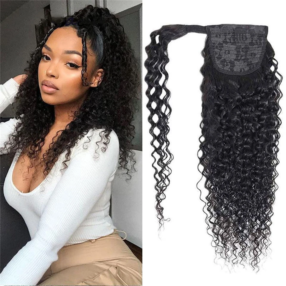 

Ponytail Human Hair Wrap Around Kinky Curly Brazilian Remy Hair Extensions 16-24 Inches Clip Ins Natural Color Hairpiece #2 #4