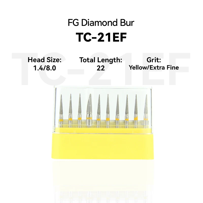 1Set Dental Diamond Burs TC-21EF FG High Speed 22.0mm Yellow Rings Extra Fine Medium Intra-oral Shank Burs for Dentistry 
1Set Dental Diamond Burs TC-21EF FG High Speed 22.0mm Yellow Rings Extra Fine Medium Intra-oral Shank Burs for Dentistry