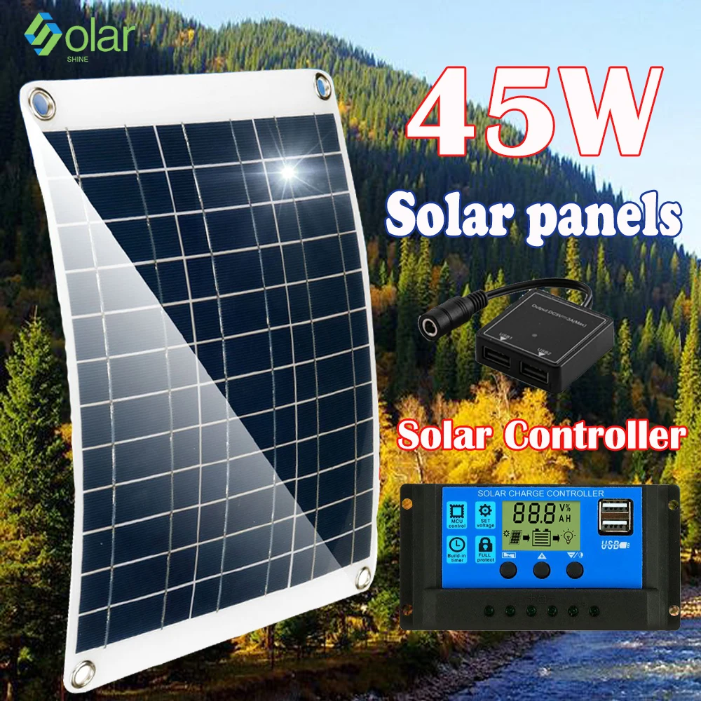 45W Solar Panel Kit 12V USB Charging Solar Cell Board for Phone RV Car MP3 PAD Waterproof Outdoor Battery Supply 30A Controller
45W Solar Panel Kit 12V USB Charging Solar Cell Board for Phone RV Car MP3 PAD Waterproof Outdoor Battery Supply 30A Controller