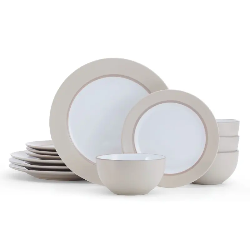 

Fast Shipping Grayson Taupe 12-Piece Dinnerware Set Stoneware Round in White