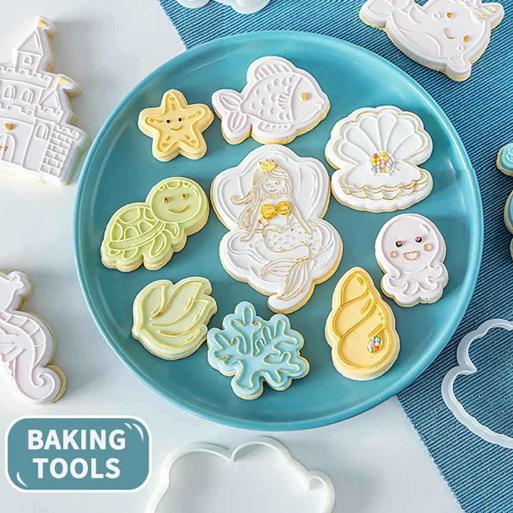 

Cute Cartoon Sea Animal Mermaid Cookie Plunger Cutters Fondant Cake Mold Biscuit Sugarcraft Cake Decorating Tools Cookie Stamp