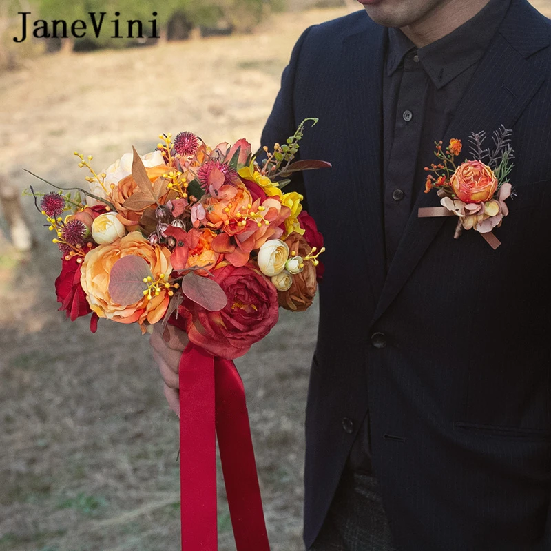 

JaneVini Vintage Orange Roses Weatern Bridal Bouquets Artificial Bridesmaids Bouquet Wedding Brides Hand Holding Silk Flowers
