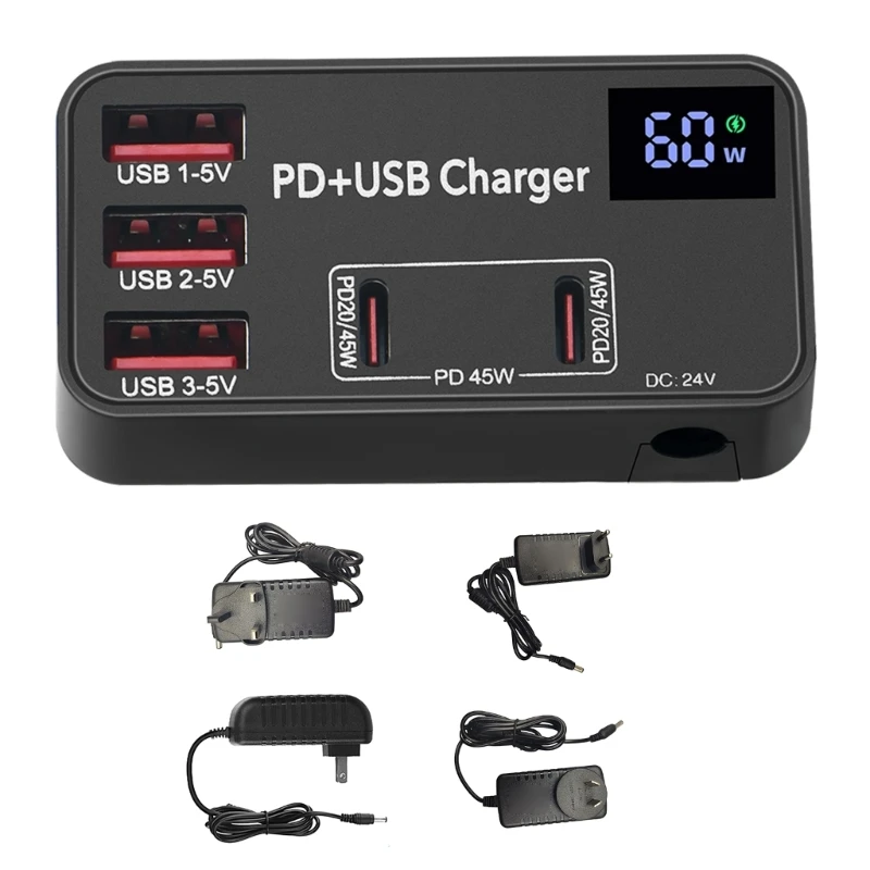 60W 5-Port Type-C USB Charging Station with LED Digital Display for Laptop Phone Drop Shipping
60W 5-Port Type-C USB Charging Station with LED Digital Display for Laptop Phone Drop Shipping