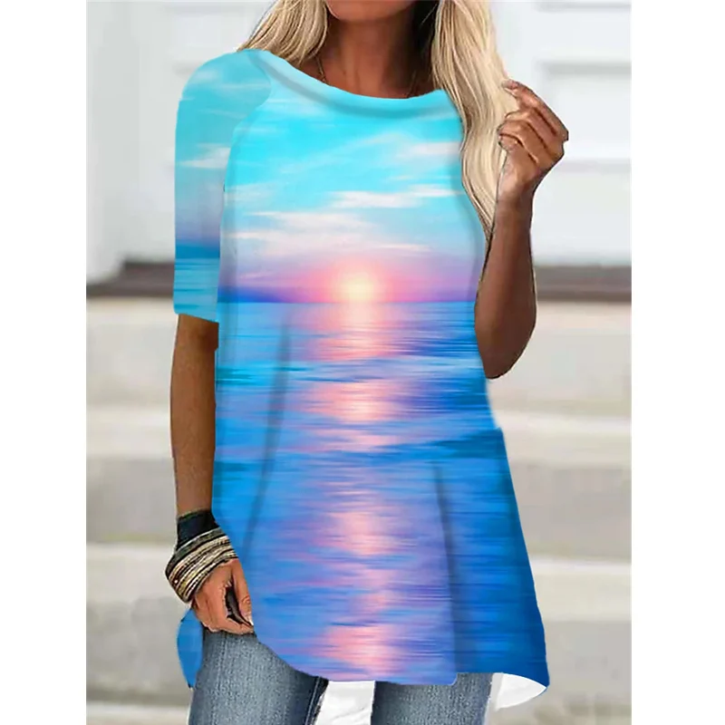 Women's T-Shirt Blue Purple Short Sleeve Landscape Print T-Shirt Colorful Gradient Print Summer Crew Neck Casual Top 2022
Women's T-Shirt Blue Purple Short Sleeve Landscape Print T-Shirt Colorful Gradient Print Summer Crew Neck Casual Top 2022