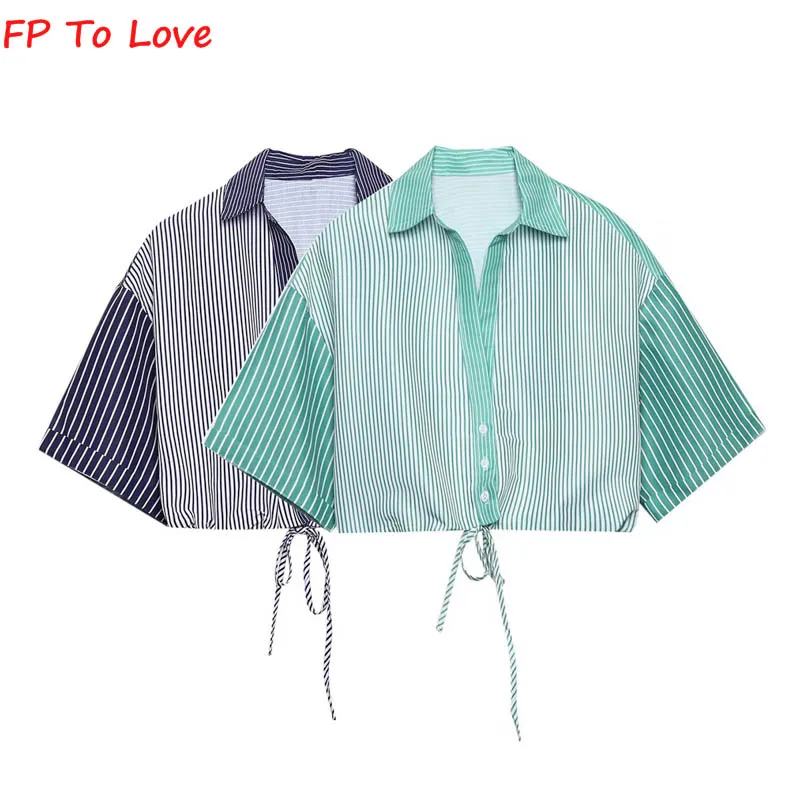 2022 Summer Green Striped Short Sleeve Shirt Blue Striped Ladies Lapel Tie Single Breasted Short Top FP To Love
2022 Summer Green Striped Short Sleeve Shirt Blue Striped Ladies Lapel Tie Single Breasted Short Top FP To Love
