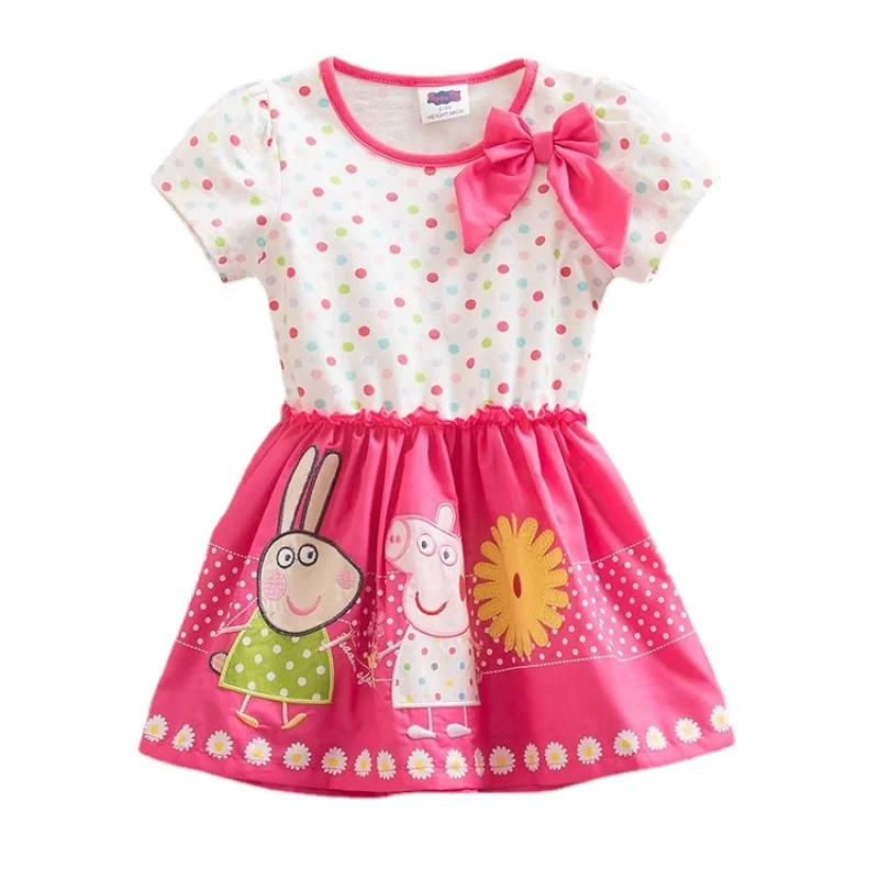 

Peppa Pig Summer Dress Cartoon Cotton Girls Dress Kawaii Baby Polka Dot Stitching Long-sleeved Short-sleeved Princess Dress