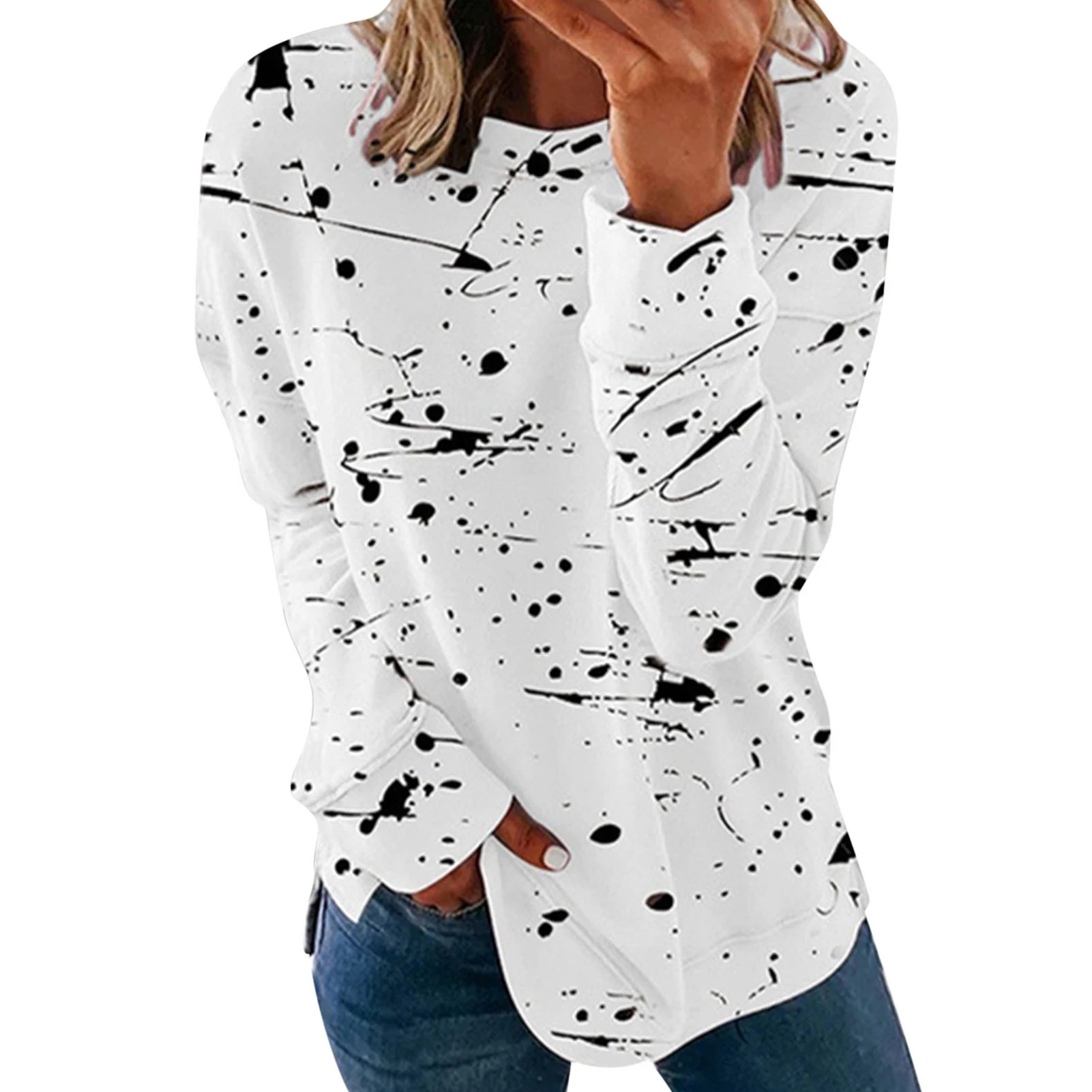 

Autumn Spring Soft Women Sweatshirt Polyester Casual Loose White Outdoor Crew Neck Long Sleeve Pullover Trendy Printting