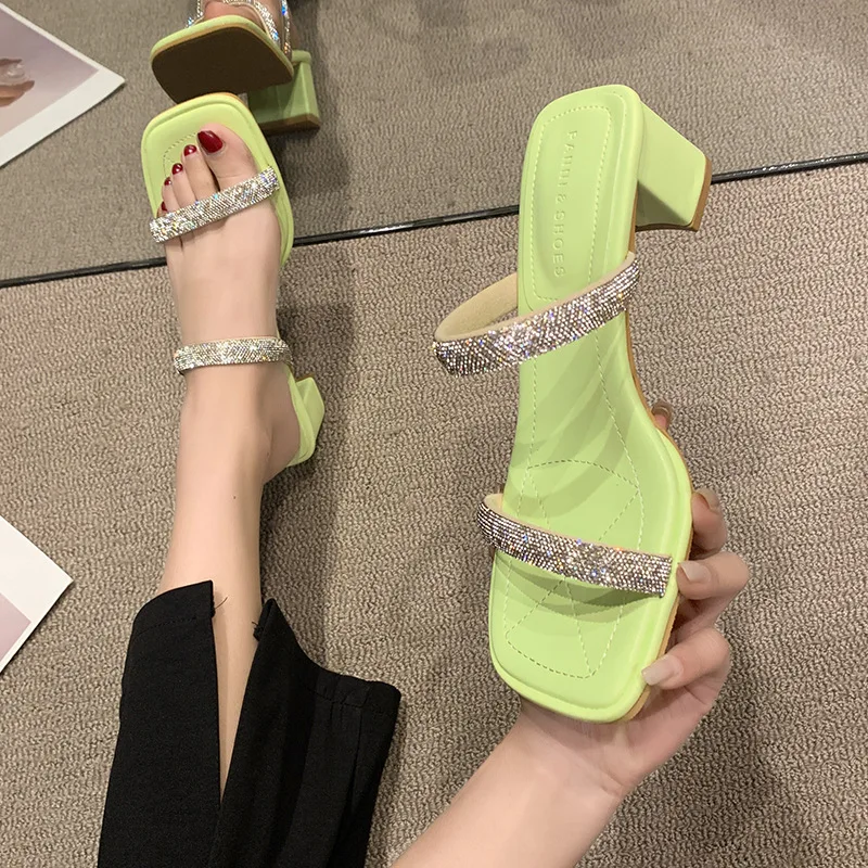 

Slippers Casual Shoes Shallow Med Slipers Women Glitter Slides Square Toe Heeled Mules Luxury Summer 2022 Jelly High Block Fashi