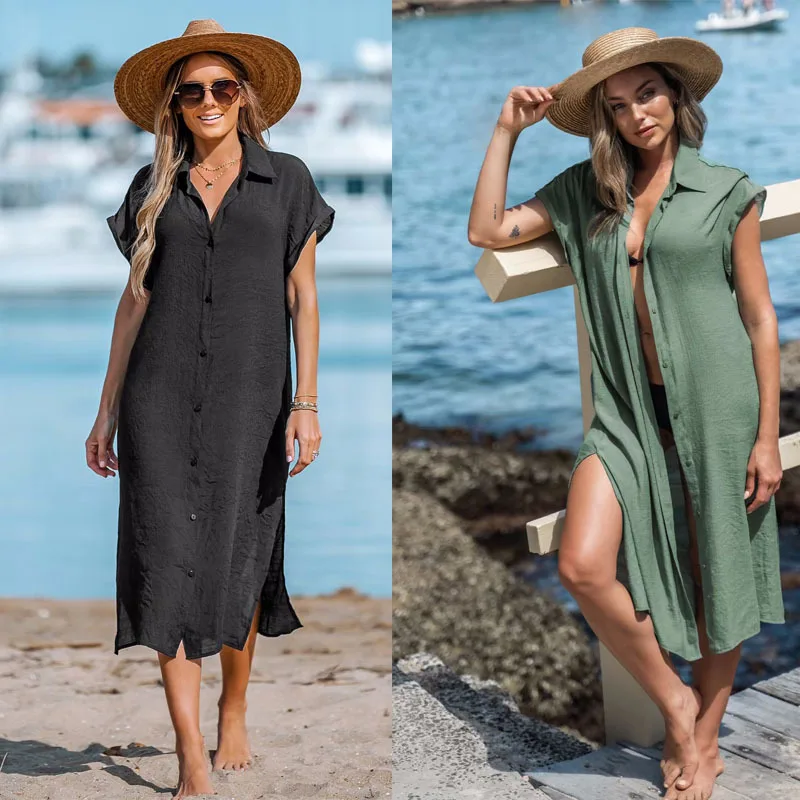 Европейское и американское однотонное длинное платье для отдыха на море Свободная рубашка с разрезом накидка для женщин 
Европейское и американское однотонное длинное платье для отдыха на море Свободная рубашка с разрезом накидка для женщин
