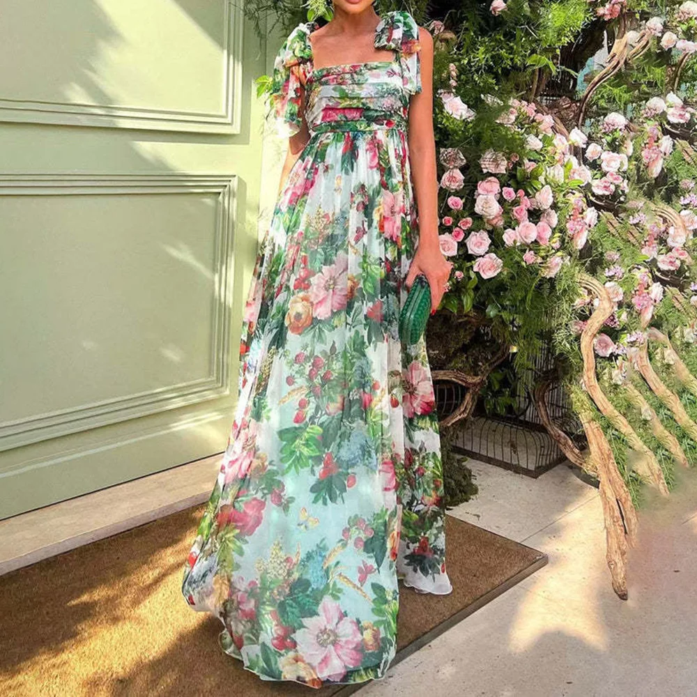 2023 Designer Summer Maxi Dress Women Chiffon Bow-Knot Shoulder Bohemian Floral Print Holiday Elegant Long Dress
2023 Designer Summer Maxi Dress Women Chiffon Bow-Knot Shoulder Bohemian Floral Print Holiday Elegant Long Dress