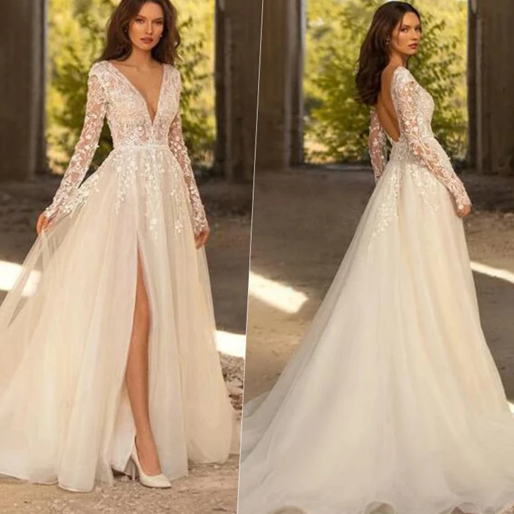 Sexy Wedding Dresses V Neck Long Sleeves A Line Wedding Dress Simple Lace Applique Backless Tulle Bridal Gowns Vestido De Noiva
Sexy Wedding Dresses V Neck Long Sleeves A Line Wedding Dress Simple Lace Applique Backless Tulle Bridal Gowns Vestido De Noiva