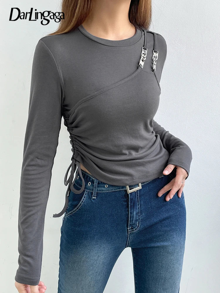 

Darlingaga Asymmetrical Stitching Basic Tee Shirts Women Drawstring Casual Slim Sweats Tops Korean Spring Autumn T shirt Clothes