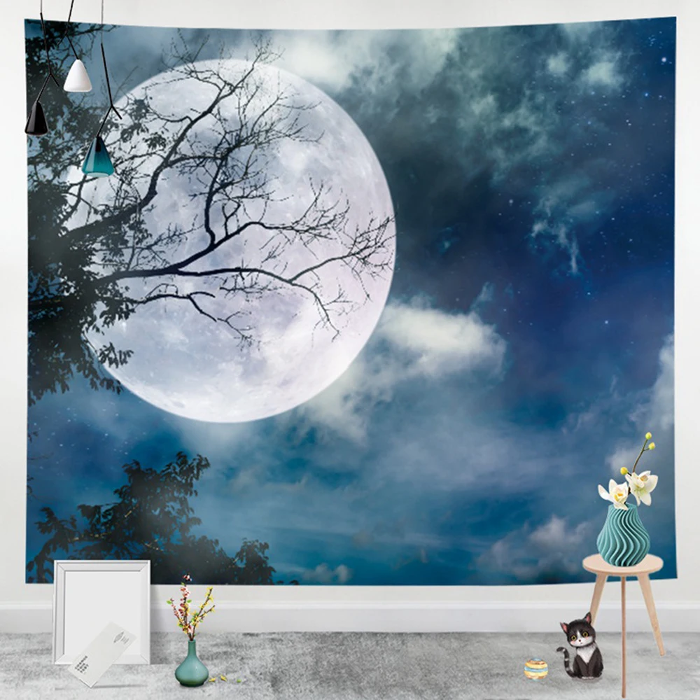 

Dark Night Full Moon Tapestry Mystic Forest Starry Sky Black Night Tree Tapestries Bedroom Living Room Dorm Decor Wall Hangin