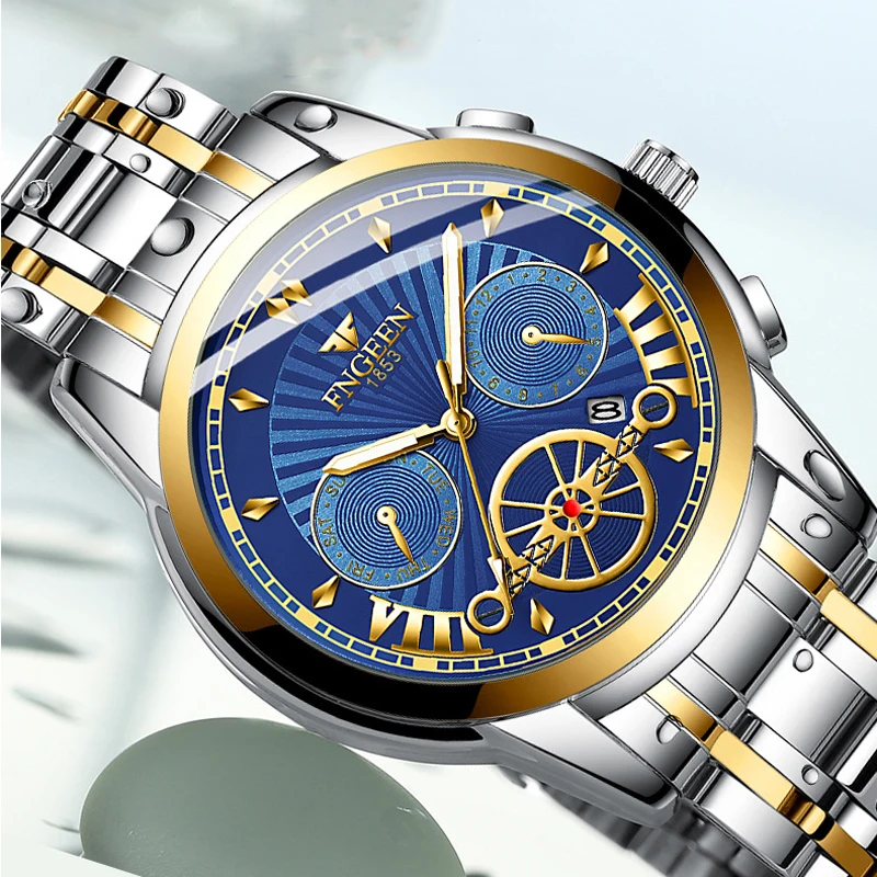 

FNGEEN Mens Luminous 30M Waterproof Watch Quartz Fashion Business Fake Flywheel Dial Men All Steel Watches Calendar Display 4560
