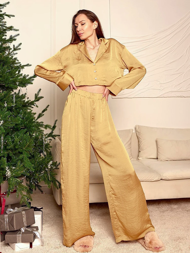 

Пижама Hiloc Женская с длинным рукавом, укороченный топ с широкими штанинами, пижамный комплект с высокой талией, одежда для сна с лацканами, домашняя одежда, 2023