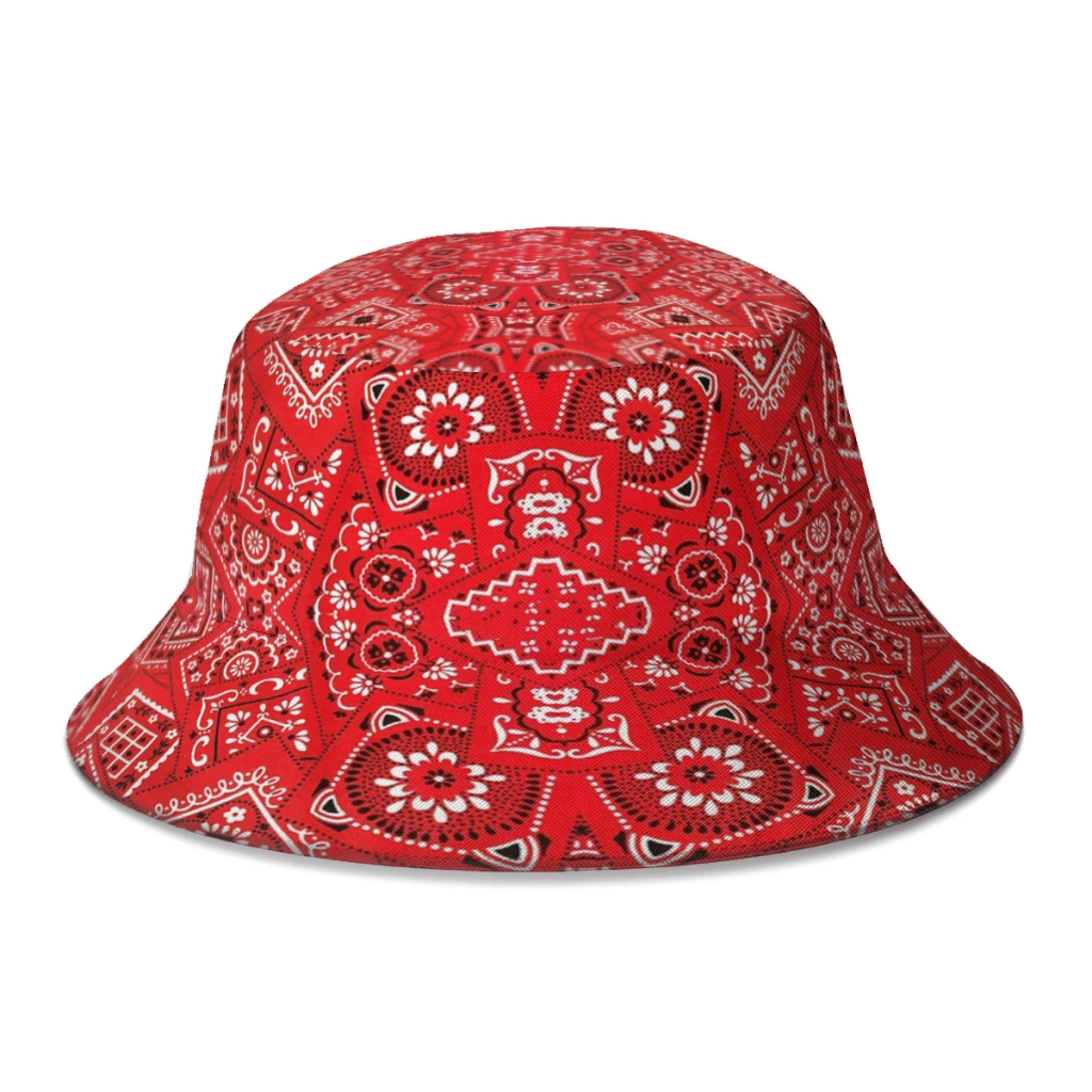 

2022 New Summer Red Bandanna Pattern Bucket Hat for Unisex Outdoor Foldable Bob Fisherman Hats Boonie Hat