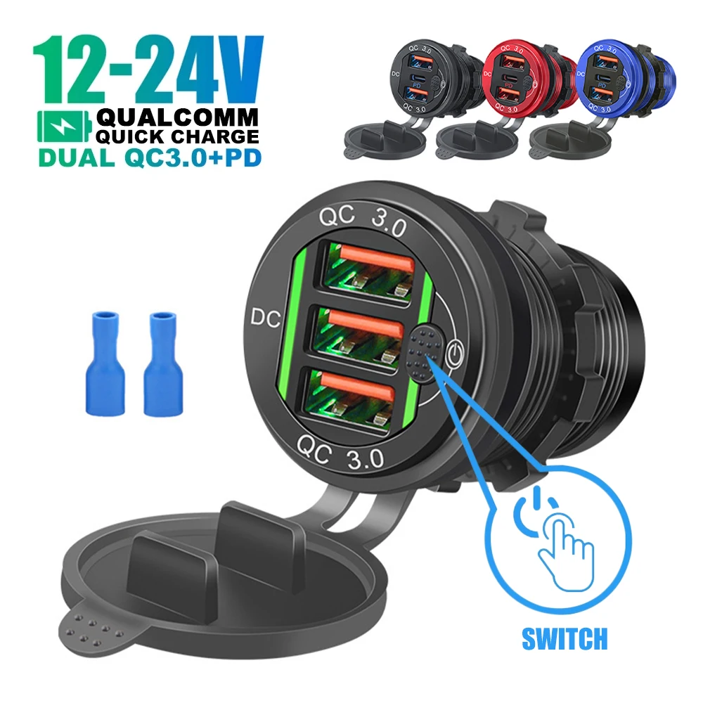 12-24V 68W Car Charger Dual QC3.0 USB & PD Fast Charging Type-C Charger Adapter with Switch Waterproof for Car Boat Marine RV
12-24V 68W Car Charger Dual QC3.0 USB & PD Fast Charging Type-C Charger Adapter with Switch Waterproof for Car Boat Marine RV