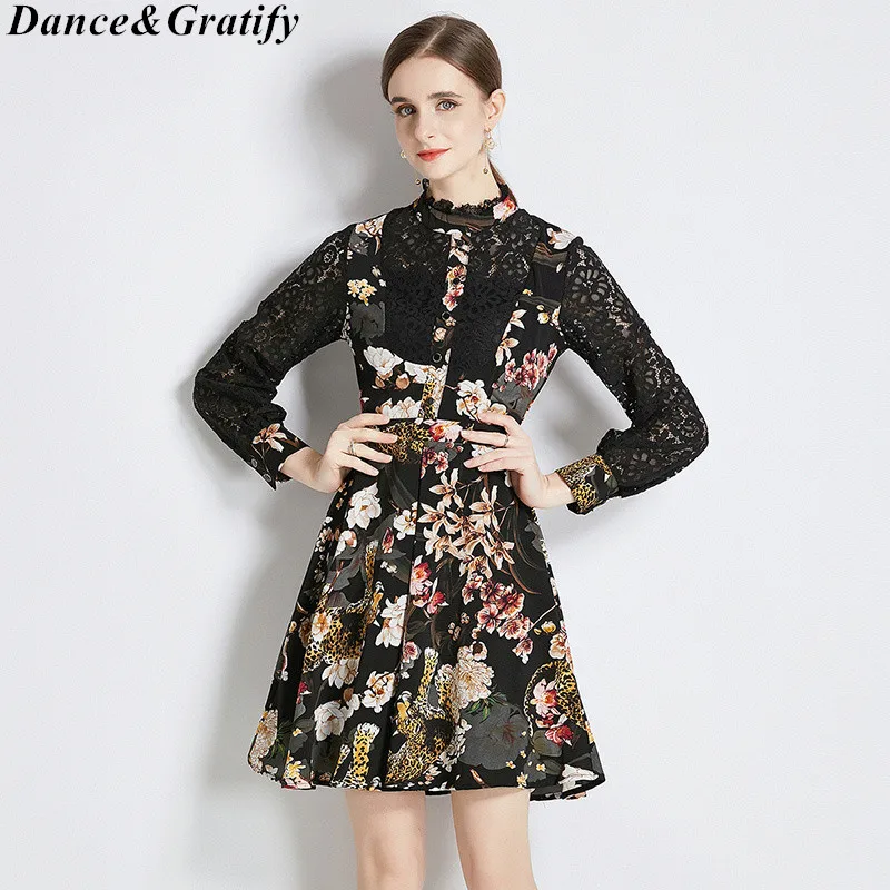 Женское платье с кружевным принтом, элегантное черное платье составного кроя с воротником-стойкой, облегающее ТРАПЕЦИЕВИДНОЕ ПЛАТЬЕ до колена, осень 2022 
Женское платье с кружевным принтом, элегантное черное платье составного кроя с воротником-стойкой, облегающее ТРАПЕЦИЕВИДНОЕ ПЛАТЬЕ до колена, осень 2022