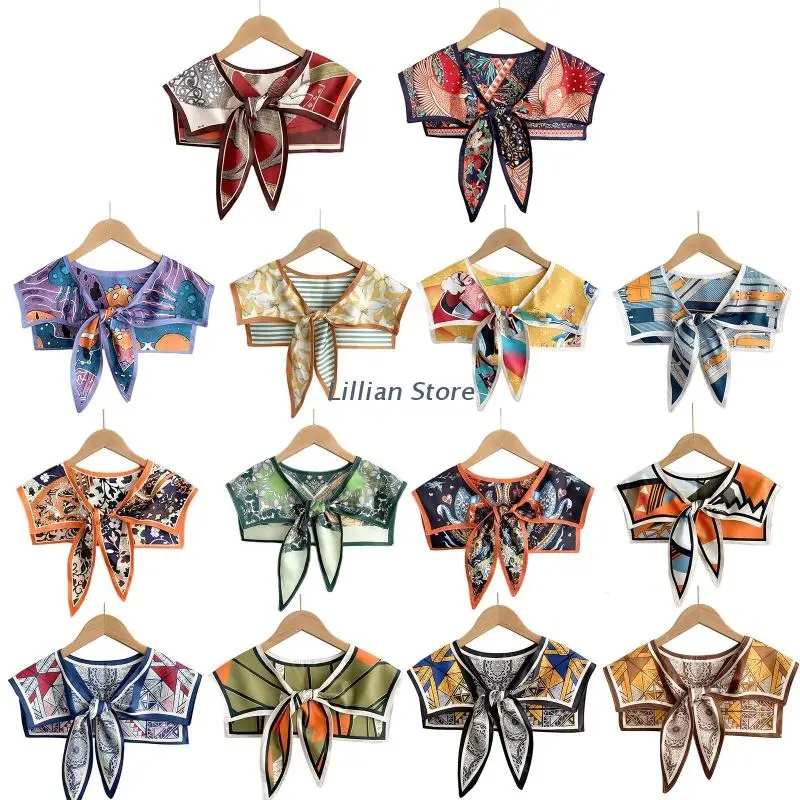 

Women Summer Spring Elegant Silky Scarf Detachable Collar Vintage Abstract Colorful Print Shawl Wrap Neckwear Tie Knot Front