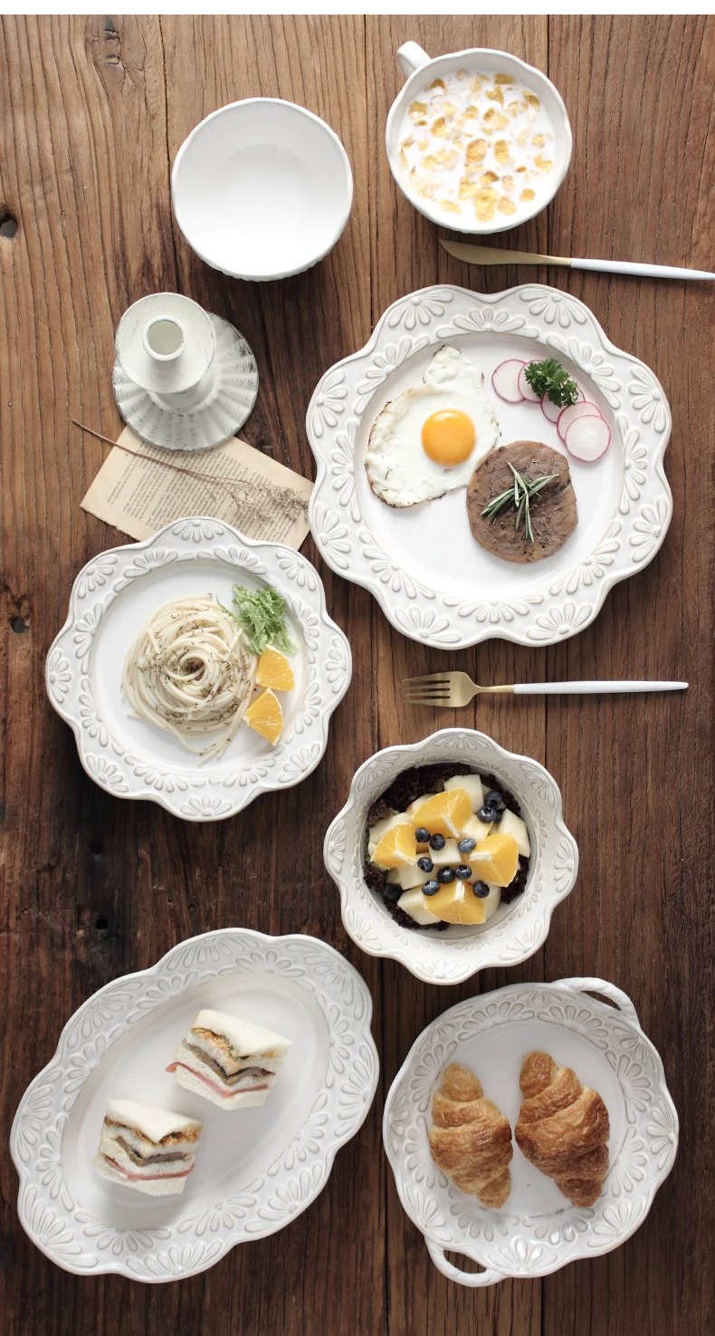 

Daisy Crockery Utensils Embossed Ceramic Dinner Plate Set Oval Steak Salad Dish Breakfast Coffee Mug Rice Noodle Bowl