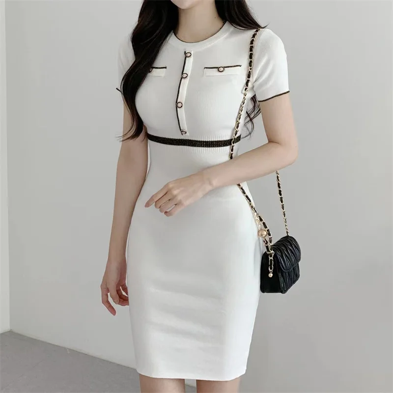 Summer Elegant Sheath Pencil Dress O-neck Colorblock Women's Simple Elastic Knitted Dress Office Lady Temperament Vestidos G508
Summer Elegant Sheath Pencil Dress O-neck Colorblock Women's Simple Elastic Knitted Dress Office Lady Temperament Vestidos G508