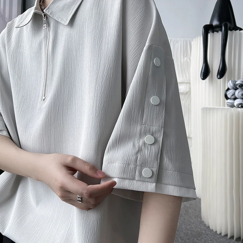 Пуловер с коротким рукавом и молнией, летняя футболка-поло 2022 с японскими пуговицами, мужской дизайн, ледяной шелк, модная Корейская одежда
Пуловер с коротким рукавом и молнией, летняя футболка-поло 2022 с японскими пуговицами, мужской дизайн, ледяной шелк, модная Корейская одежда