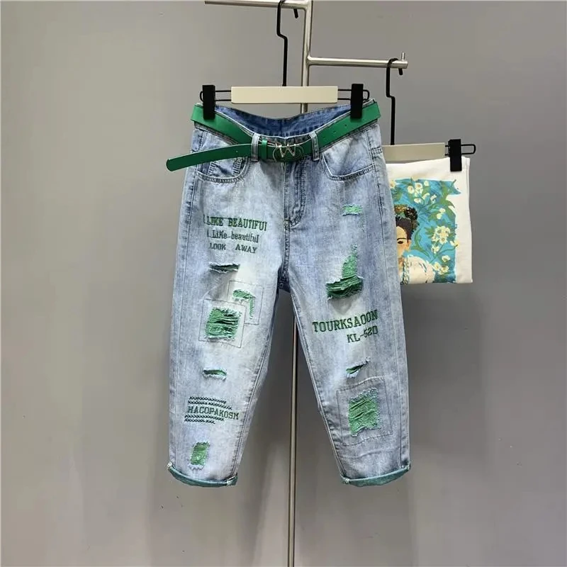 Spring Summer Letter Embroidery Hole Beggar Jeans Women Harajuku Loose Color Matching Harem Pants Female Casual Denim Pantalon
Spring Summer Letter Embroidery Hole Beggar Jeans Women Harajuku Loose Color Matching Harem Pants Female Casual Denim Pantalon