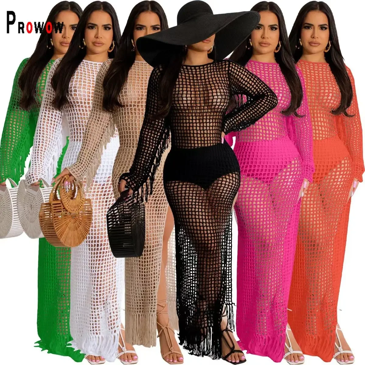 

Prowow Sexy Crochet Hollow Out Women Maxi Dress 2024 New Long Sleeve Tassel Female Beach Outfits Cover-ups Vacation Clothing