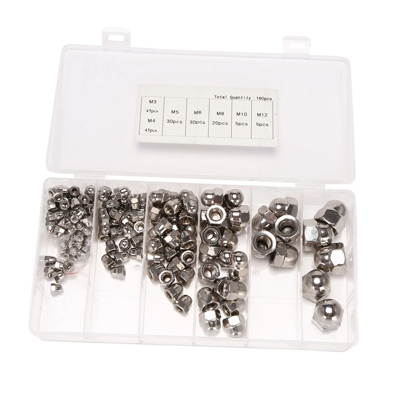 180 Pcs Stainless Steel Dome Cap Nuts Hexagon Hex Head Cap Nut Bolt Set For Screws And Bolts M3 M4 M5 M6 M8 M10 M12
180 Pcs Stainless Steel Dome Cap Nuts Hexagon Hex Head Cap Nut Bolt Set For Screws And Bolts M3 M4 M5 M6 M8 M10 M12