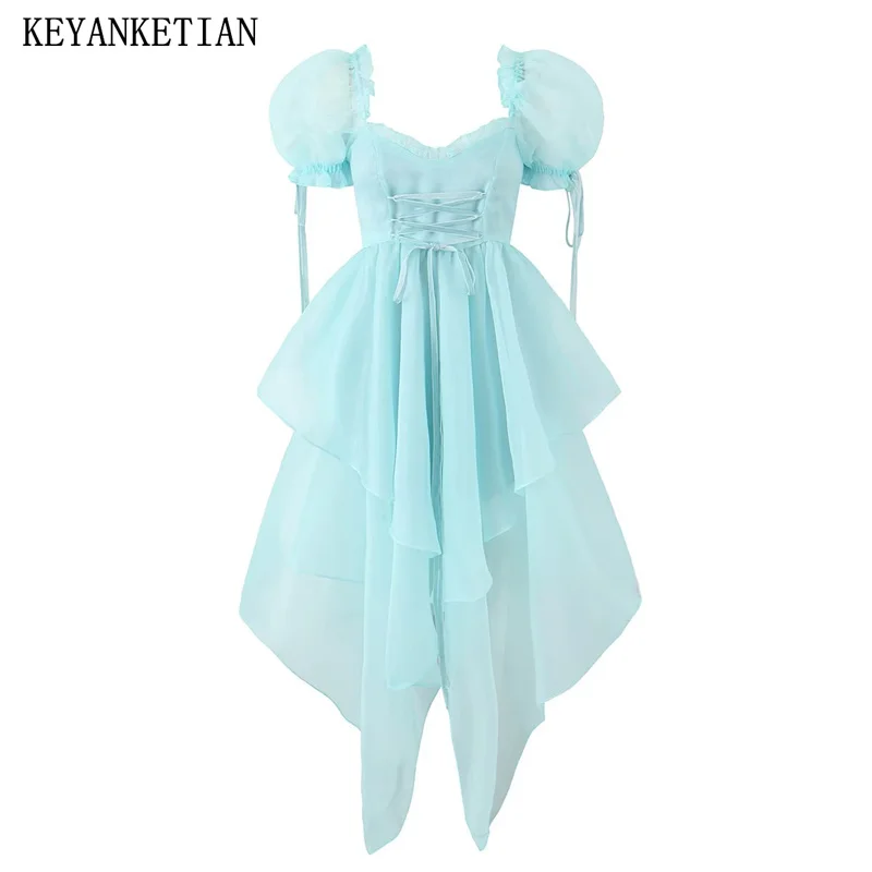 

KEYANKETIAN Summer New Soft Texture Sky Blue Gauze Dress Women Court Style Bubble Sleeve Strap Slim Asymmetric Ankle Dress