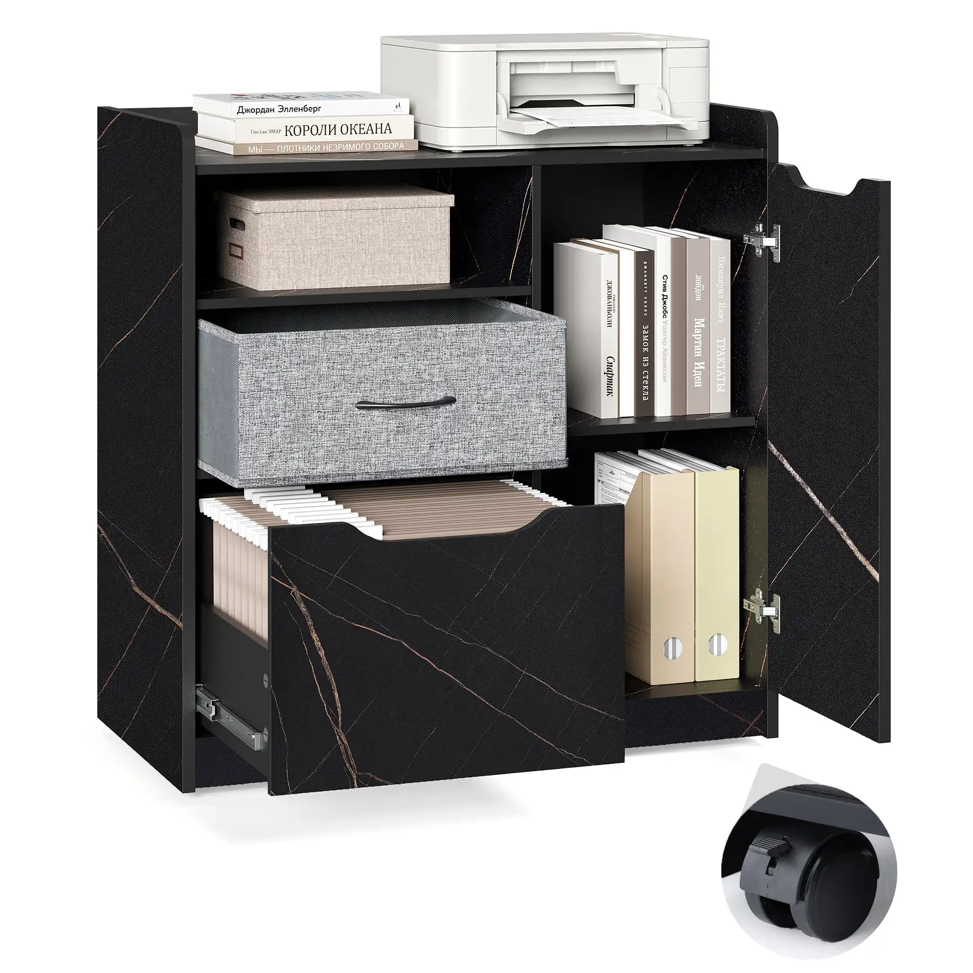 Large Mobile Printer Cabinet with Door, Lockable Casters and 2 Filing Drawers, Black Marbled
Large Mobile Printer Cabinet with Door, Lockable Casters and 2 Filing Drawers, Black Marbled