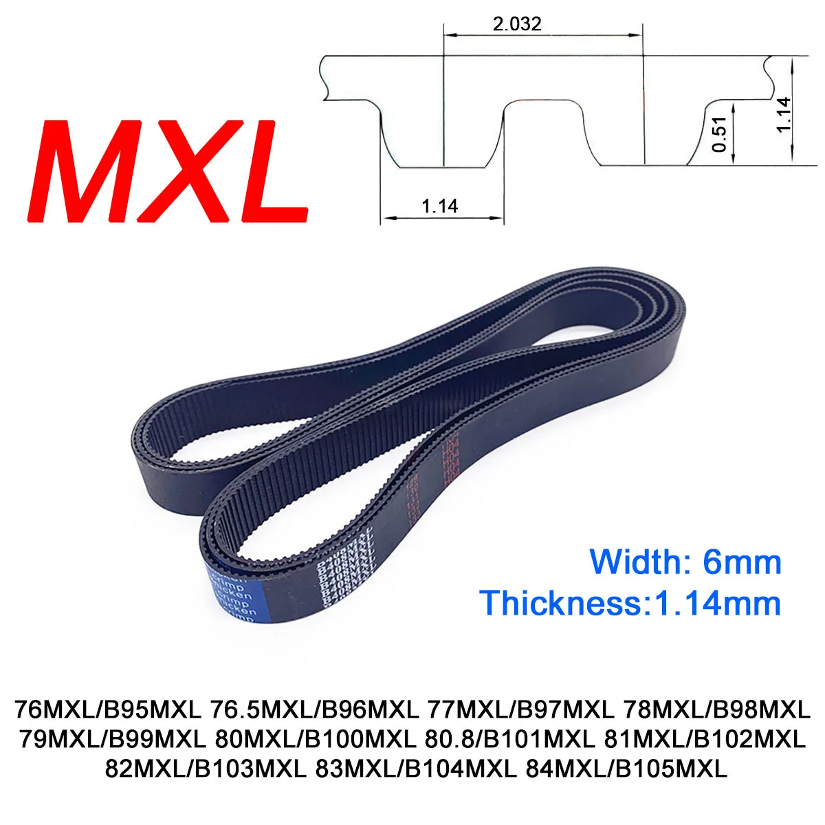 

1Pc Width 6mm MXL Rubber Trapezoid Tooth Timing Belt Pitch Length 76/76.5/77/78/79/80/80.8/81/82/83/84 Inch Synchronous Belts